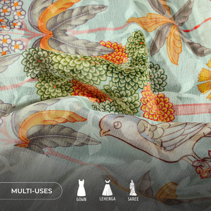 Baby Blue And Red Bird Pattern Digital Print Floral Brasso Fabric