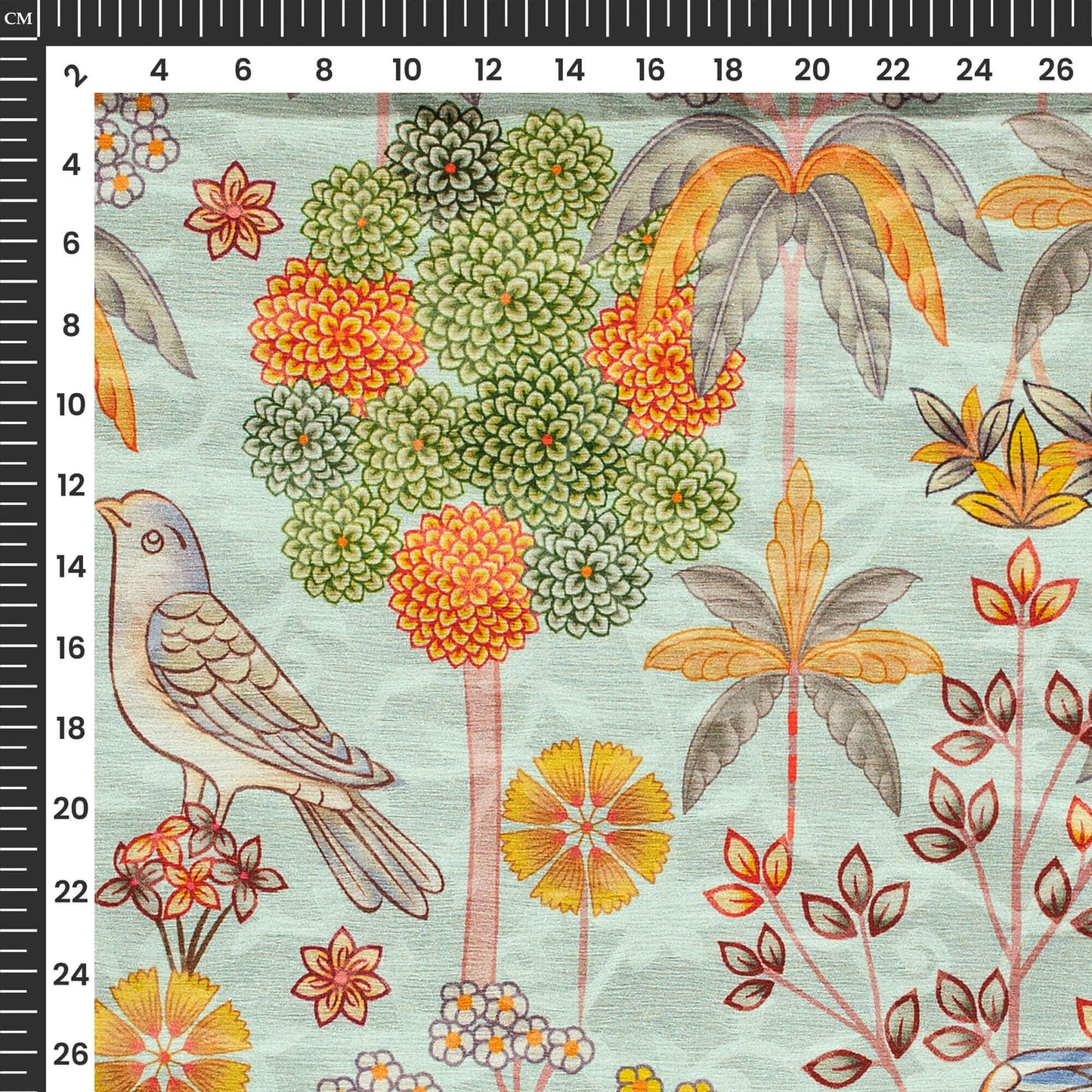 Baby Blue And Red Bird Pattern Digital Print Floral Brasso Fabric