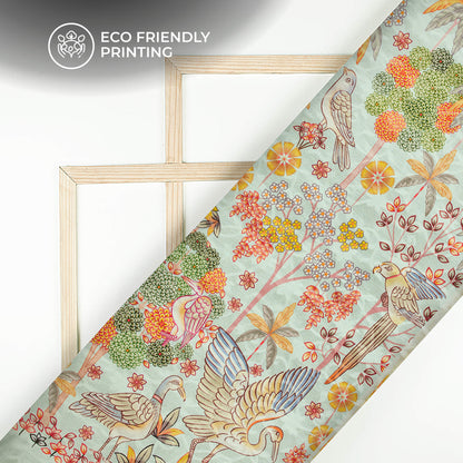 Baby Blue And Red Bird Pattern Digital Print Floral Brasso Fabric
