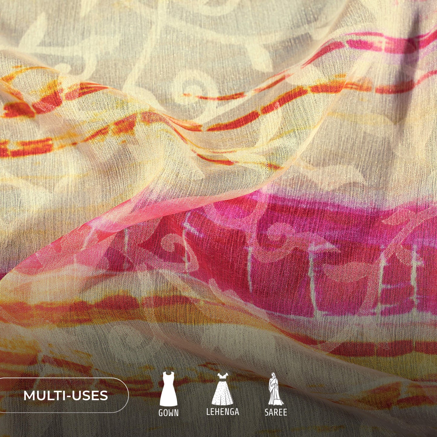 Off White Orange Shibori Pattern Digital Print Floral Brasso Fabric