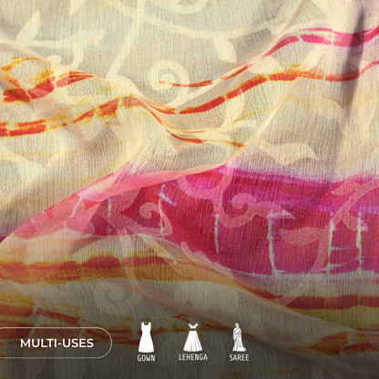 Off White Orange Shiiborii Pattern Digital Print Floral Brasso Fabric