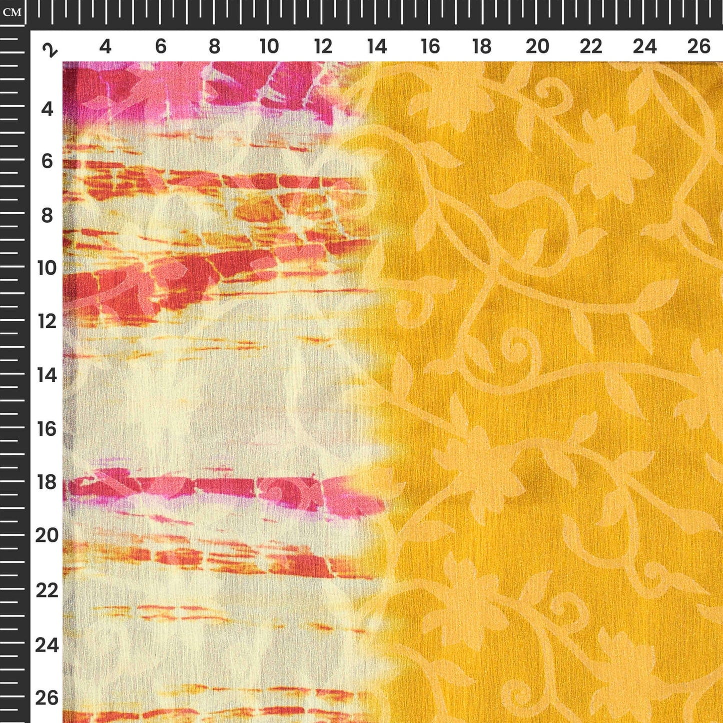 Off White Orange Shibori Pattern Digital Print Floral Brasso Fabric