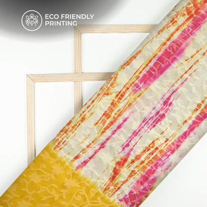 Off White Orange Shiiborii Pattern Digital Print Floral Brasso Fabric
