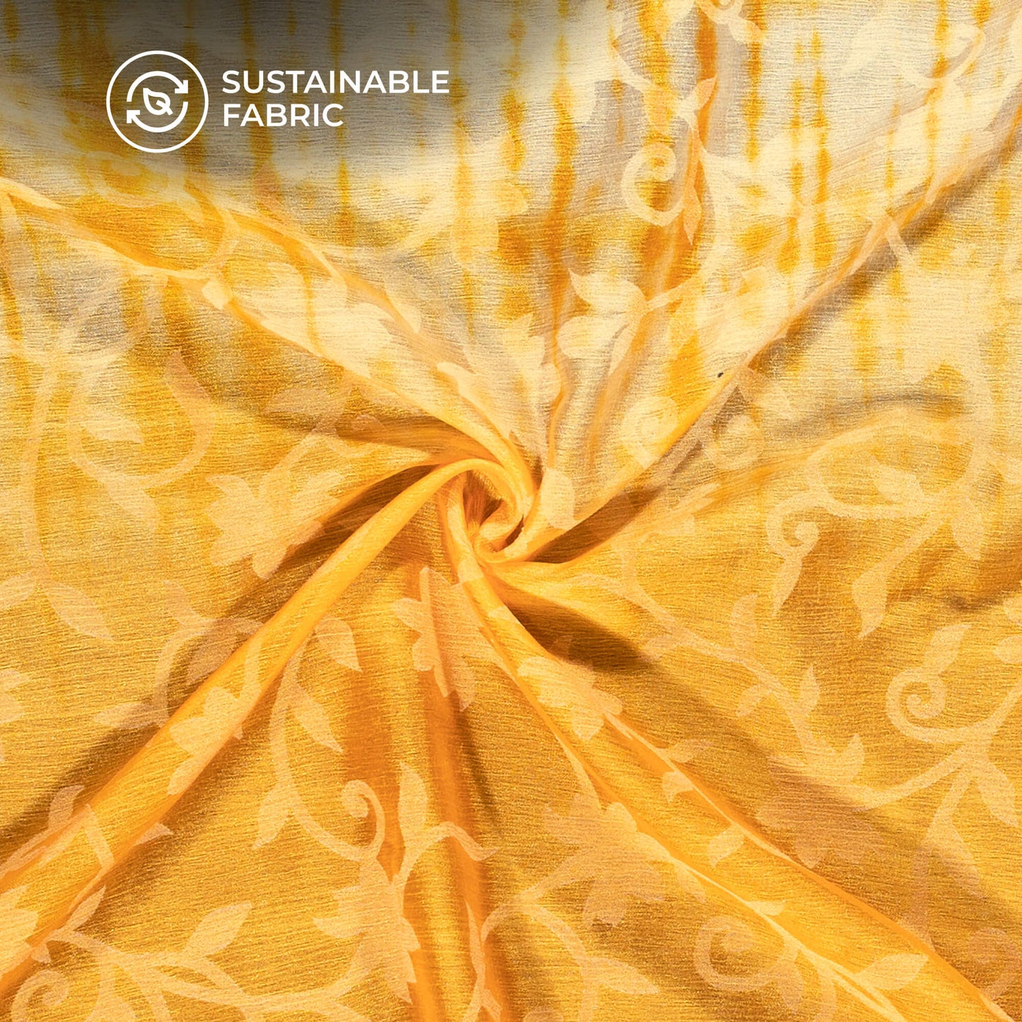 Honey Yellow And White Shibori Pattern Digital Print Floral Brasso Fabric