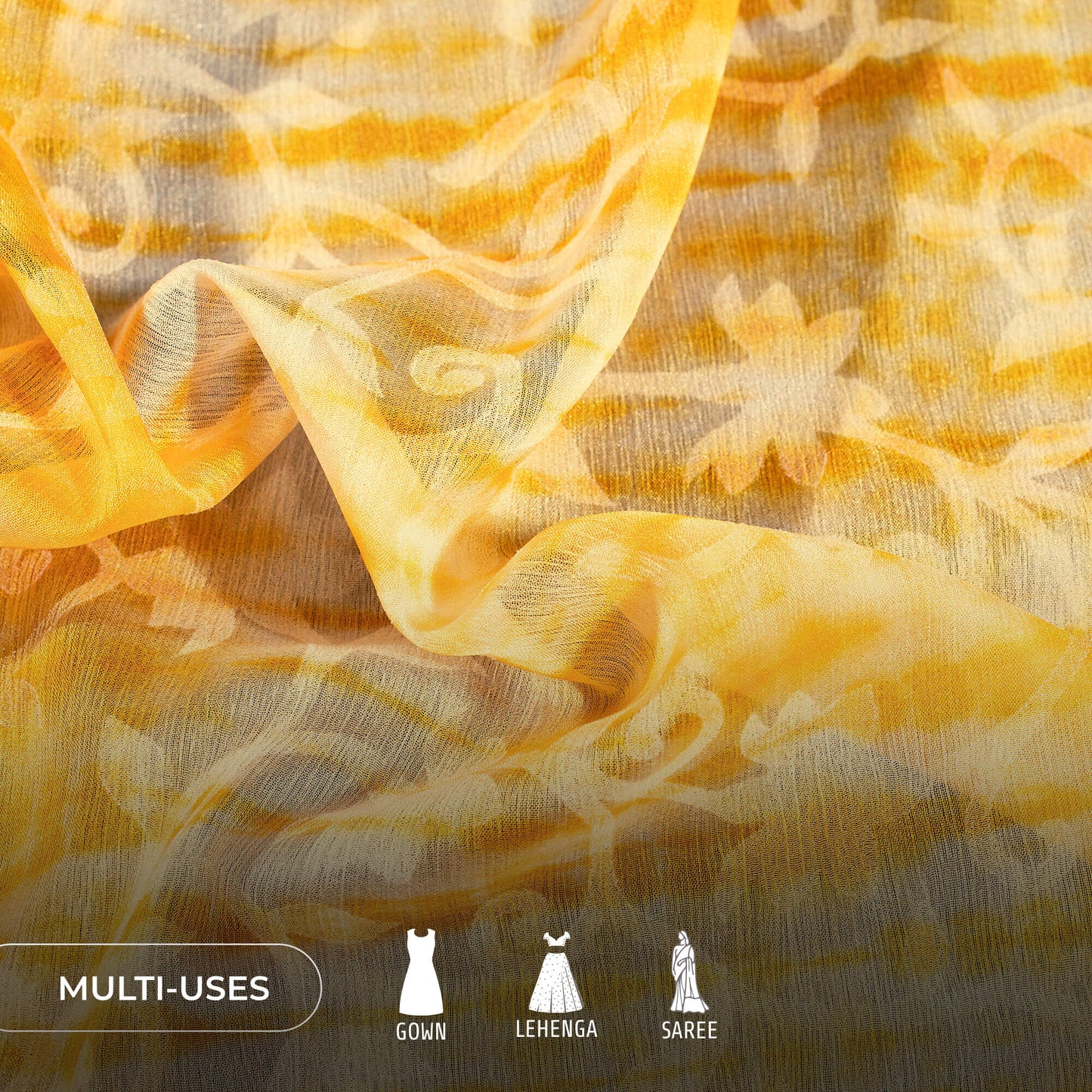 Honey Yellow And White Shibori Pattern Digital Print Floral Brasso Fabric