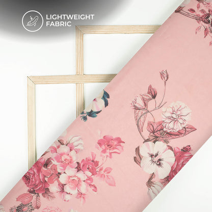 Baby Pink Floral Printed Organza Satin Fabric