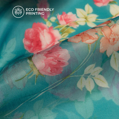 Sky Blue And Pink Floral Printed Organza Satin Fabric
