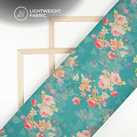 Sky Blue And Pink Floral Printed Organza Satin Fabric