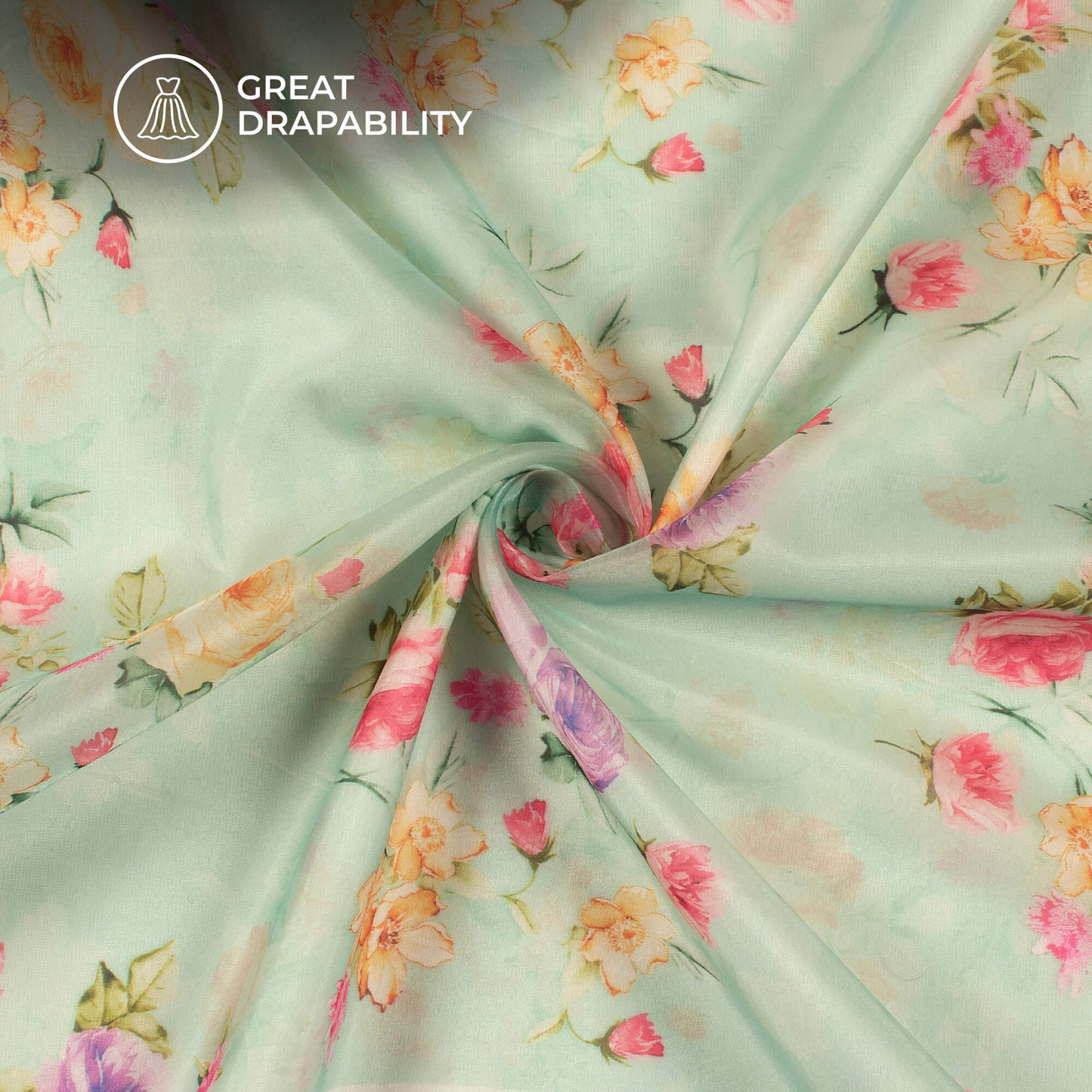 Tea Green And Pink Floral Printed Liquid Organza Fabric