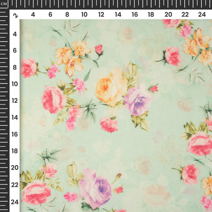 Tea Green And Pink Floral Printed Organza Satin Fabric