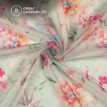 Tea Green And Pink Floral Printed Organza Satin Fabric