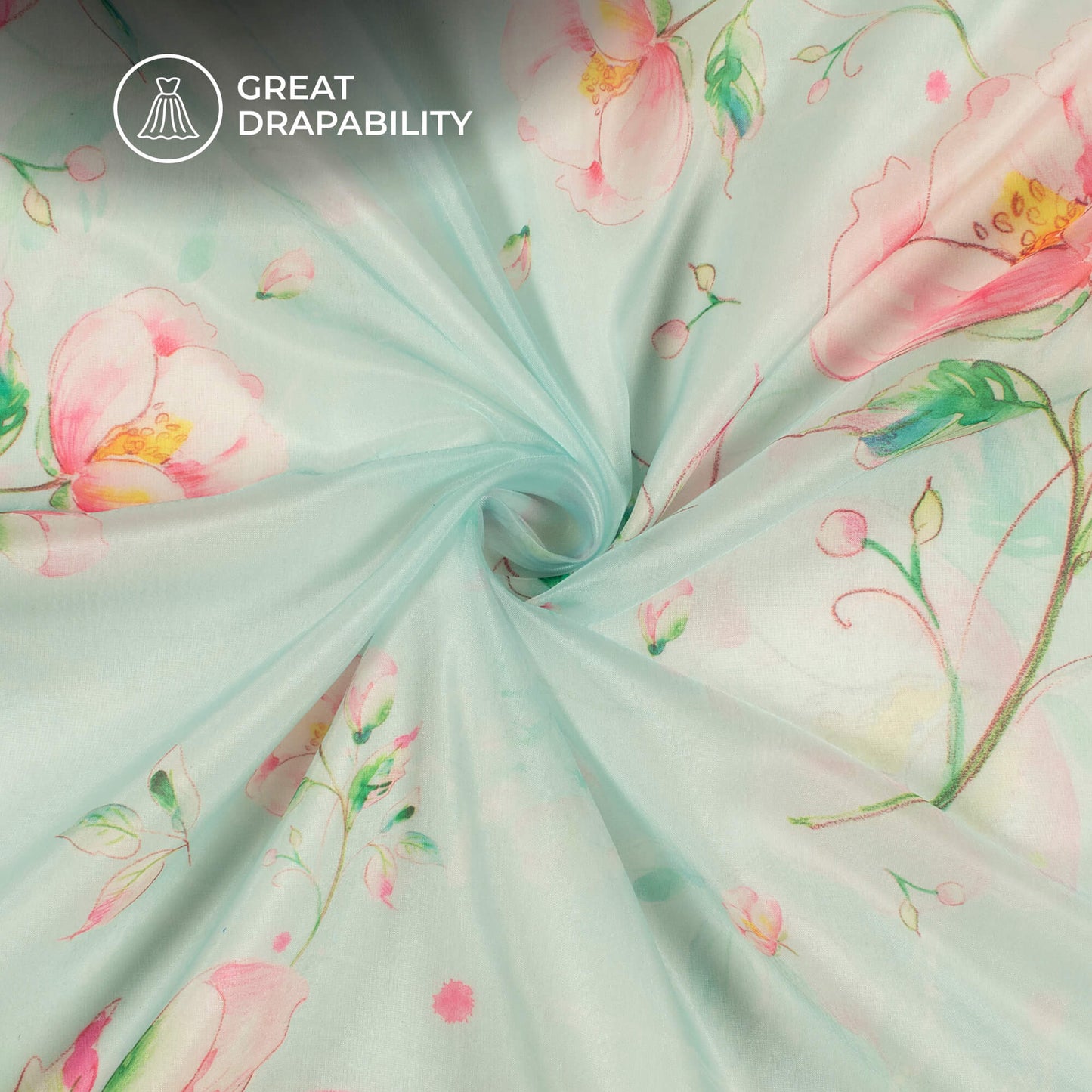 Mint Green And Pink Floral Printed Liquid Organza Fabric