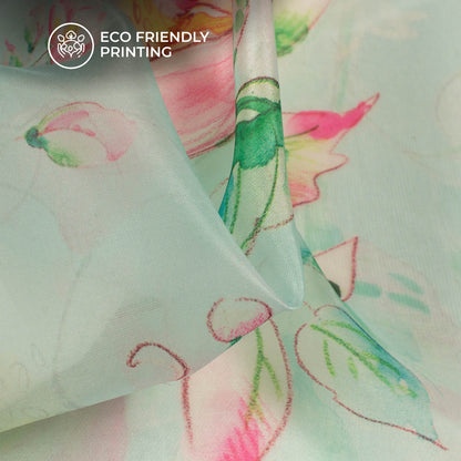Mint Green And Pink Floral Printed Organza Satin Fabric
