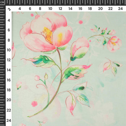 Mint Green And Pink Floral Printed Organza Satin Fabric
