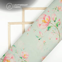 Mint Green And Pink Floral Printed Organza Satin Fabric