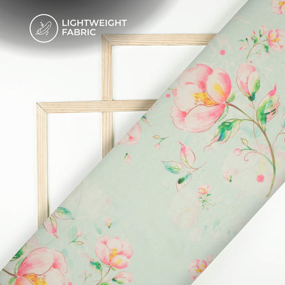 Mint Green And Pink Floral Printed Organza Satin Fabric