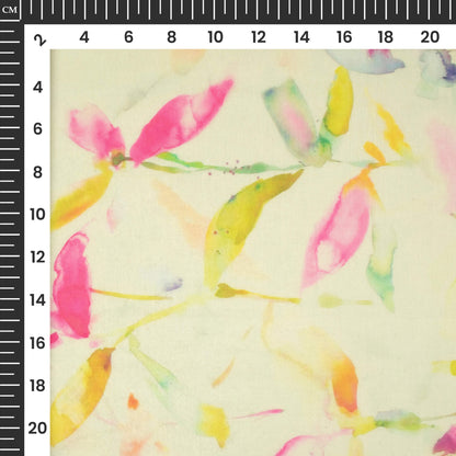 Tea Green And Pink Leaf Printed Organza Satin Fabric