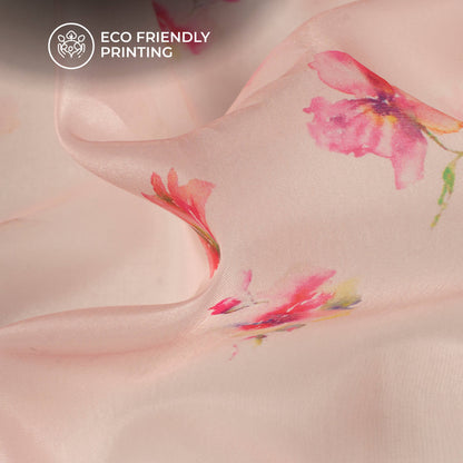 Baby Pink Floral Printed Organza Satin Fabric