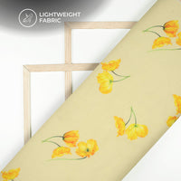 Cream And Yellow Floral Printed Organza Satin Fabric