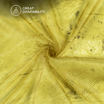 Dark Yellow Abstract Printed Organza Satin Fabric