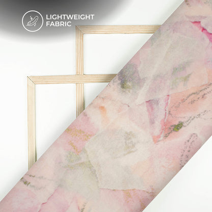 Pale Pink And Green Abstract Printed Organza Satin Fabric