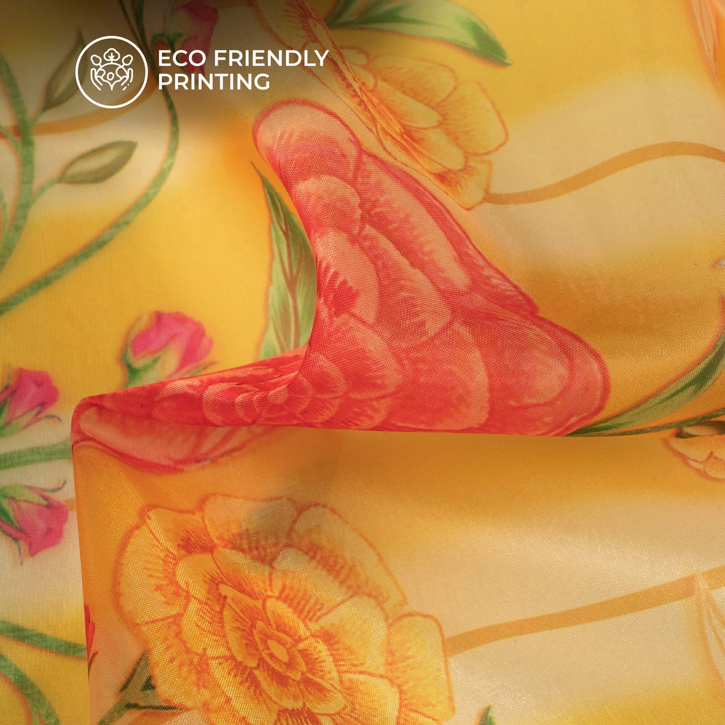 Mustard Yellow Floral Printed Liquid Organza Fabric