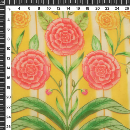 Mustard Yellow Floral Printed Organza Satin Fabric