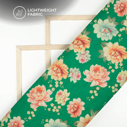 Forest Green And Pink Floral Printed Organza Satin Fabric