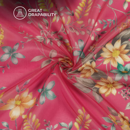Creamy Pink And Golden Floral Printed Organza Satin Fabric