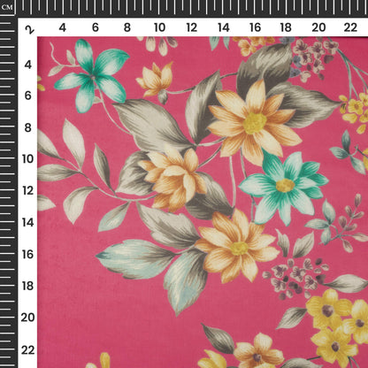 Creamy Pink And Golden Floral Printed Organza Satin Fabric