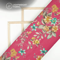 Creamy Pink And Golden Floral Printed Organza Satin Fabric