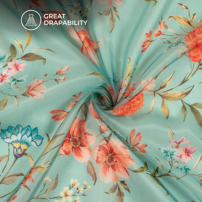Pale Blue And Orange Floral Printed Organza Satin Fabric