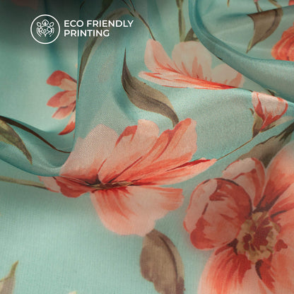 Pale Blue And Orange Floral Printed Organza Satin Fabric