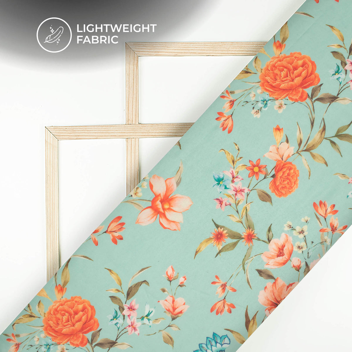 Pale Blue And Orange Floral Printed Organza Satin Fabric