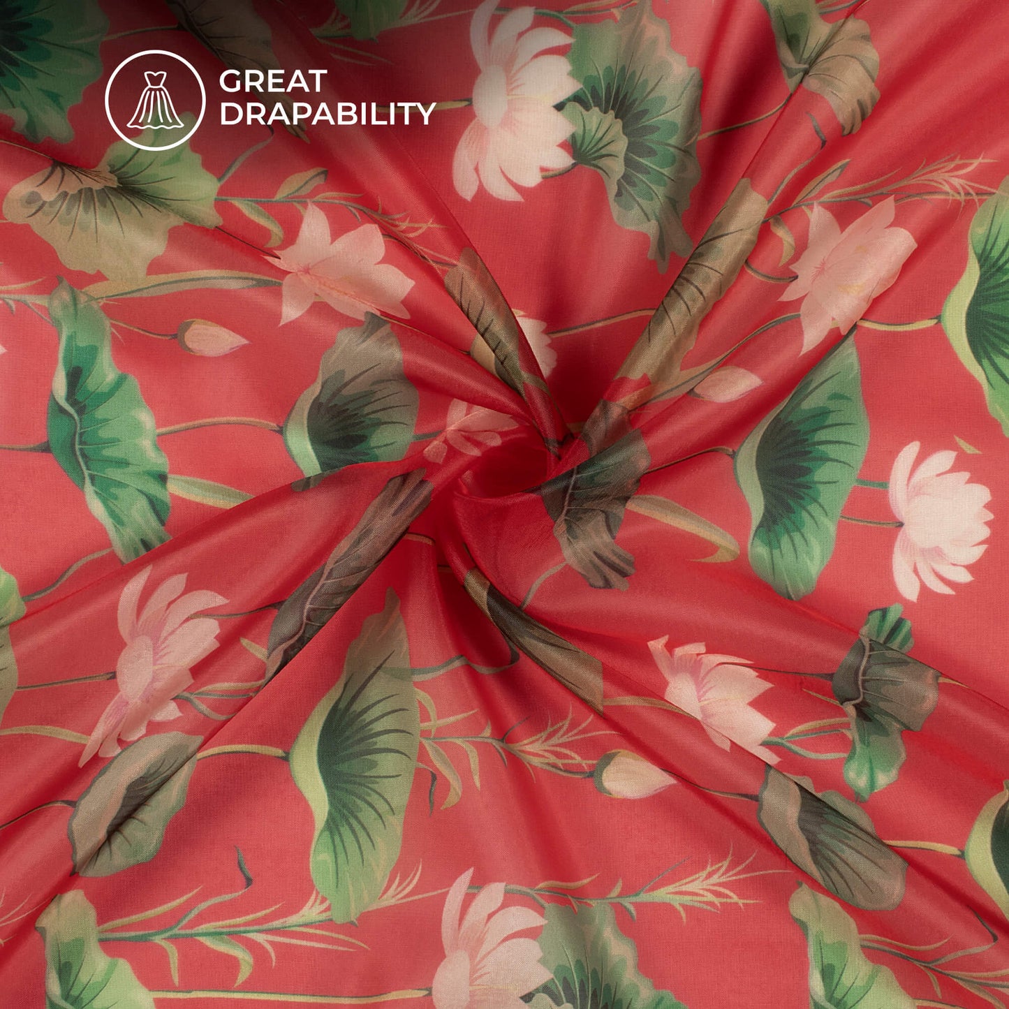 Indian Red And Green Foral Printed Liquid Organza Fabric
