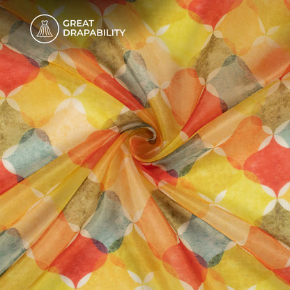 Lemon Yellow And Red Trellis Printed Organza Satin Fabric