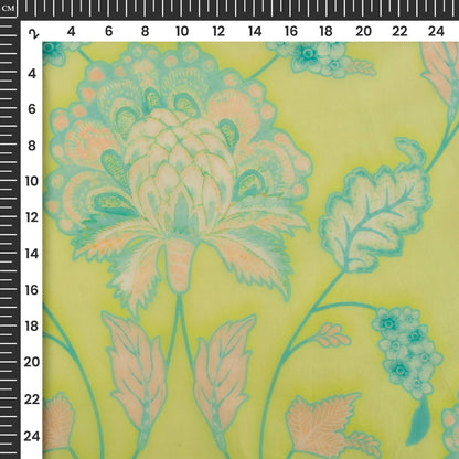 Lemon Yellow And Green Floral Printed Organza Satin Fabric
