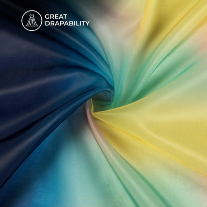 Blue And Pink Abstract Printed Organza Satin Fabric