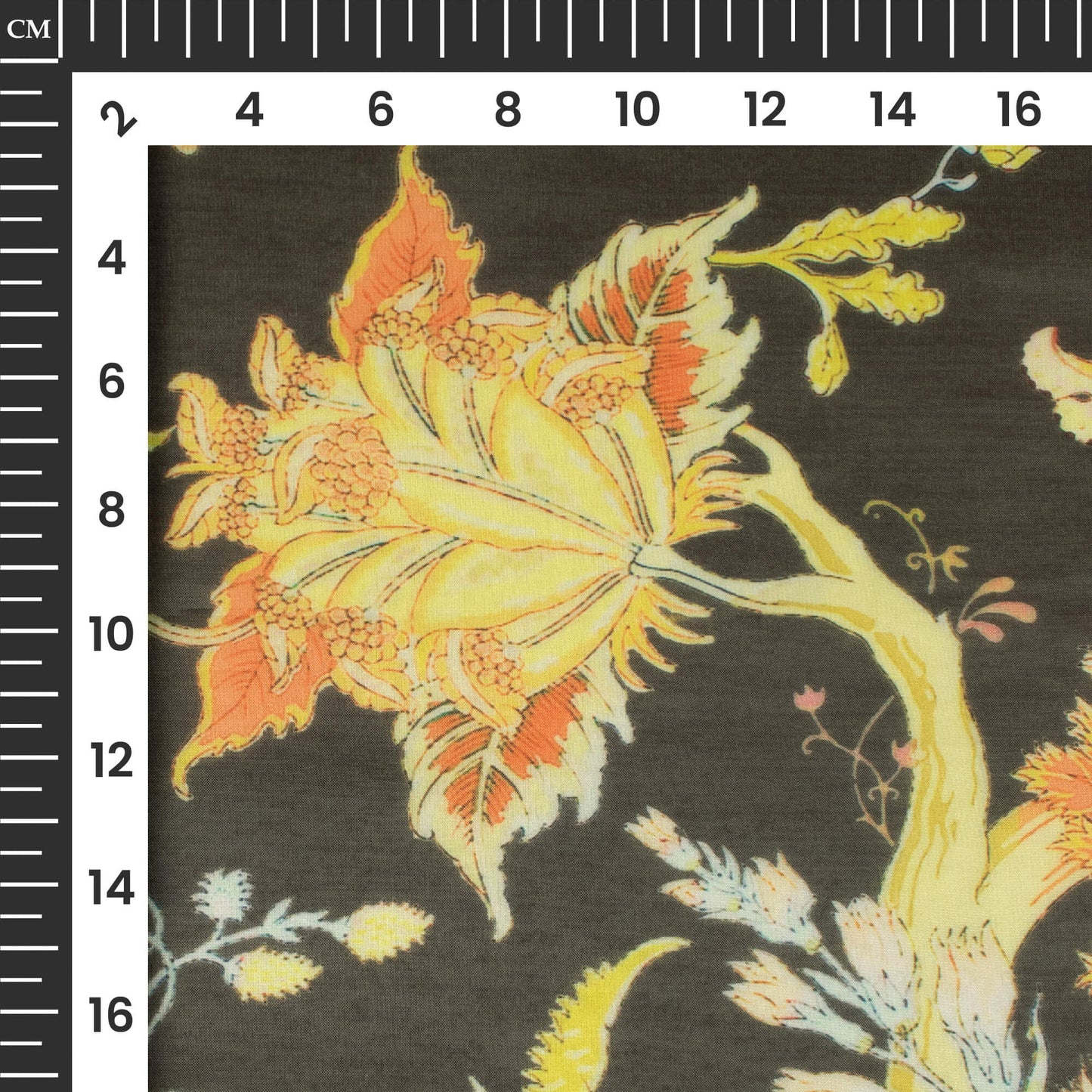 Black And Flax Yellow Floral Printed Liquid Organza Fabric