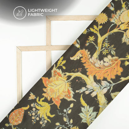 Black And Flax Yellow Floral Printed Organza Satin Fabric
