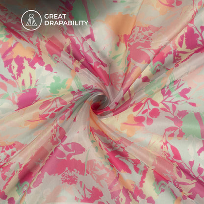 Pink And Green Floral Printed Organza Satin Fabric