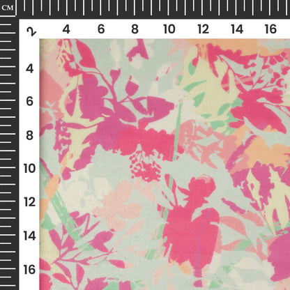 Pink And Green Floral Printed Organza Satin Fabric