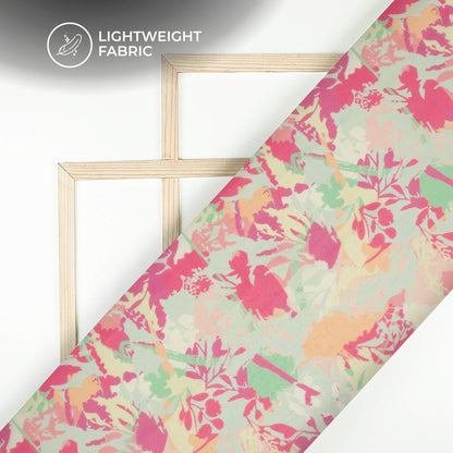 Pink And Green Floral Printed Organza Satin Fabric