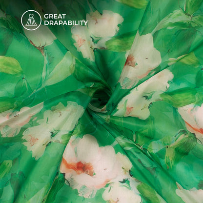 Irish Green And White Floral Printed Organza Satin Fabric