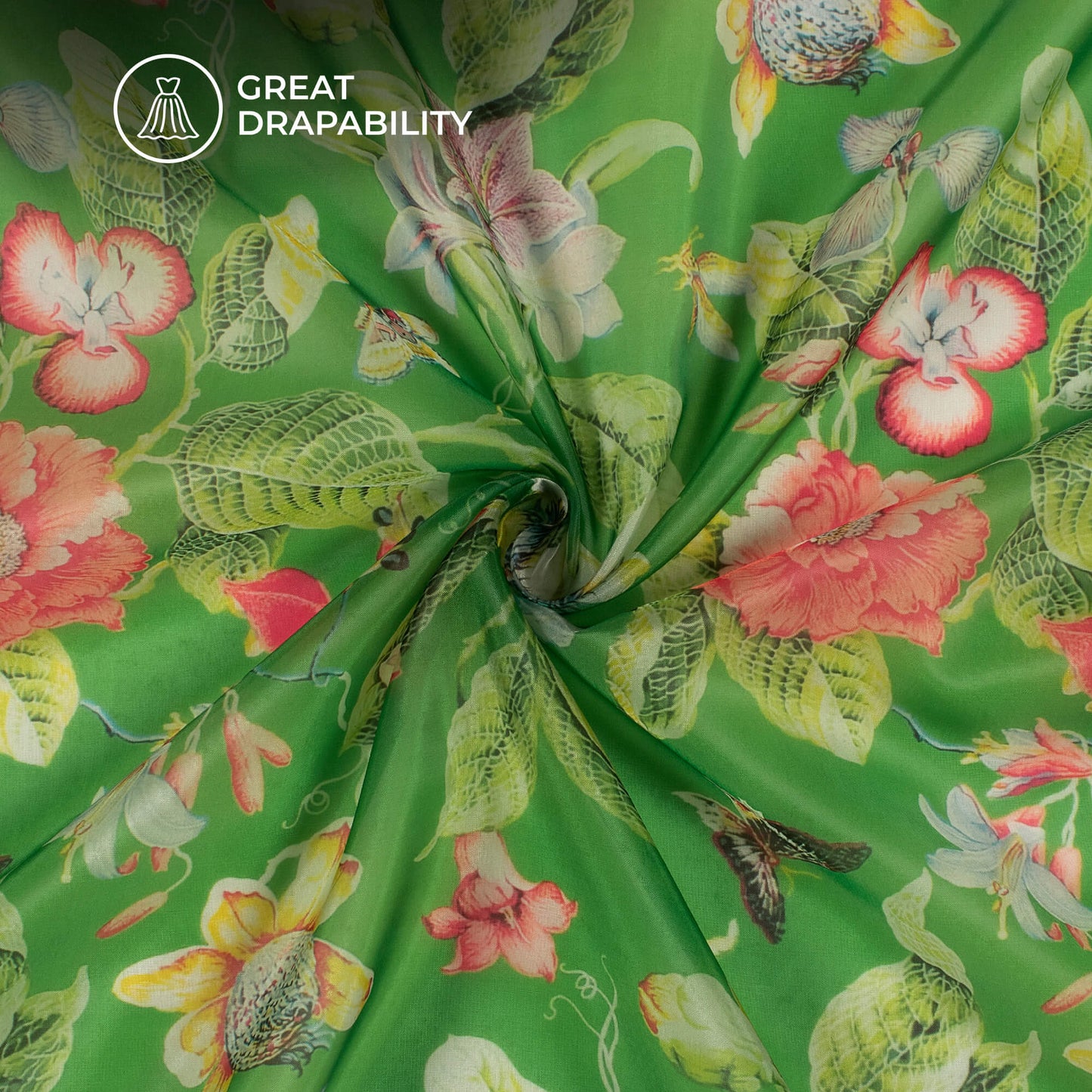Green And Red Floral Printed Liquid Organza Fabric