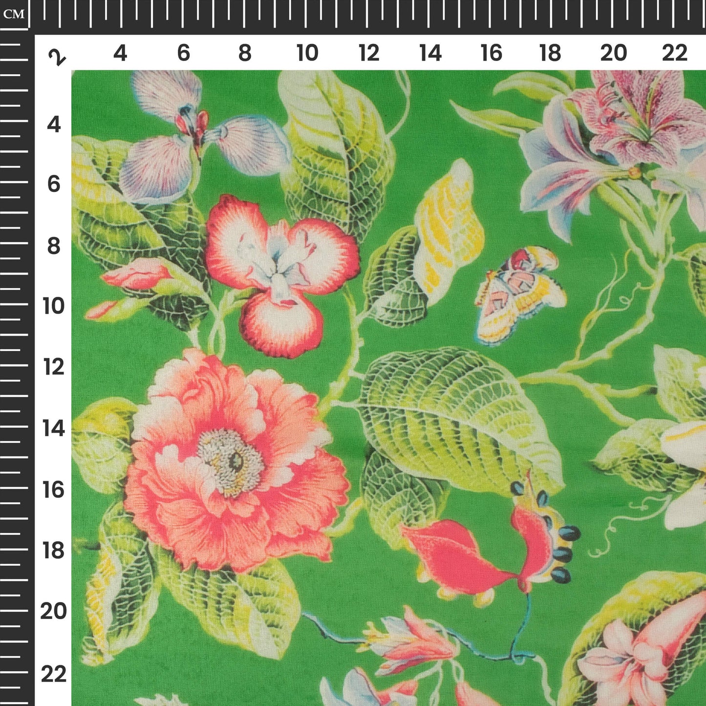 Green And Red Floral Printed Liquid Organza Fabric