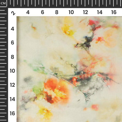 White And Orange Floral Printed Organza Satin Fabric