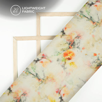 White And Orange Floral Printed Organza Satin Fabric