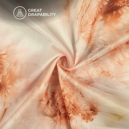 White And Brown Leaf Printed Organza Satin Fabric