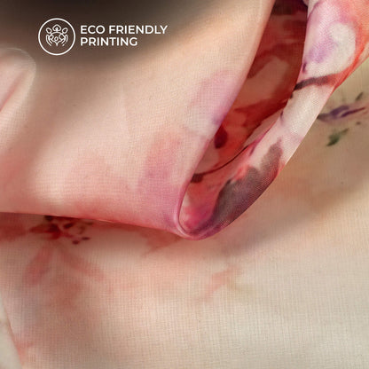 Off White And Dusty Red Floral Printed Organza Satin Fabric